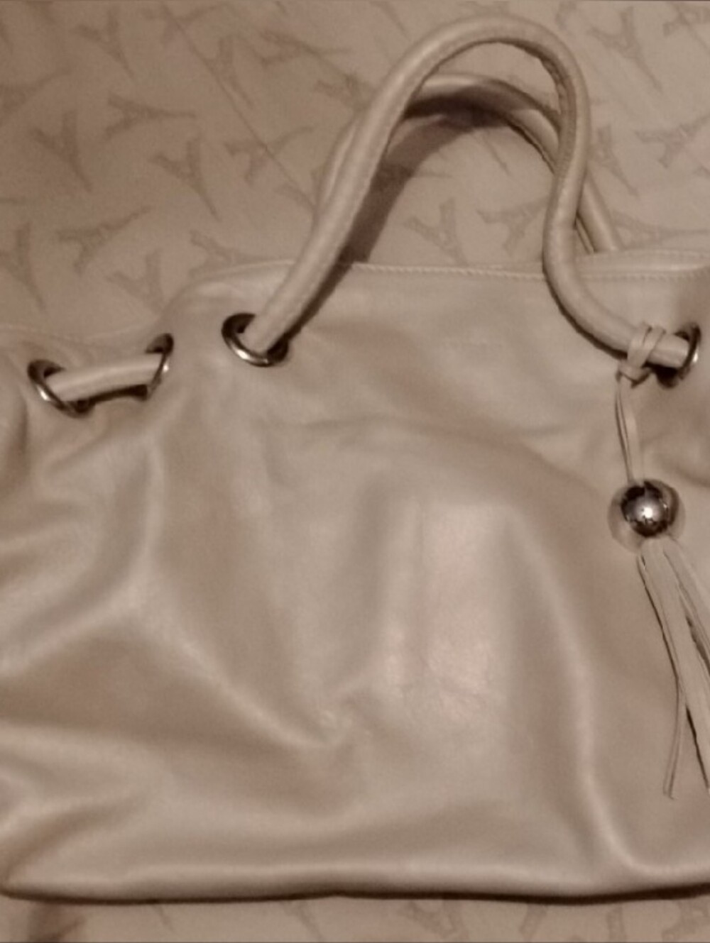 Furla Light Gray Beige Italian Leather Handbag with Logo Tassel and Dust Bag